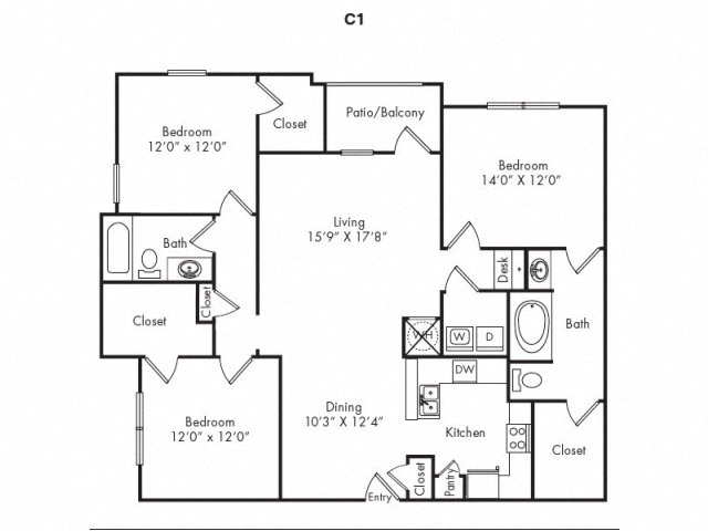 Floor plan for 3 beds, 2 baths, 1489 sqft